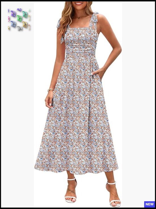 Dresses & Skirts - Floral Maxi Dress with Pockets Smocked Back Spaghetti Strap Beach Vacation